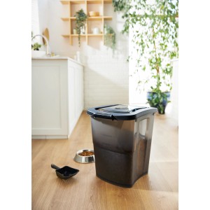 Rotho Tierfutterbehälter Archie 38L, transparent/grau, mit Schaufel und Hundenapf.