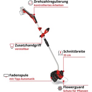 Einhell Akku-Rasentrimmer GE-CT 18/33 Li E-Solo: Akku-Trimmer mit Zusatzhandgriff und Flowerguard.