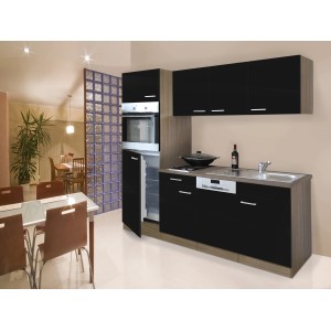 Respekta Küchenzeile 205 cm in Schwarz und Eiche York mit E-Geräten wie Geschirrspüler und Kühlschrank.