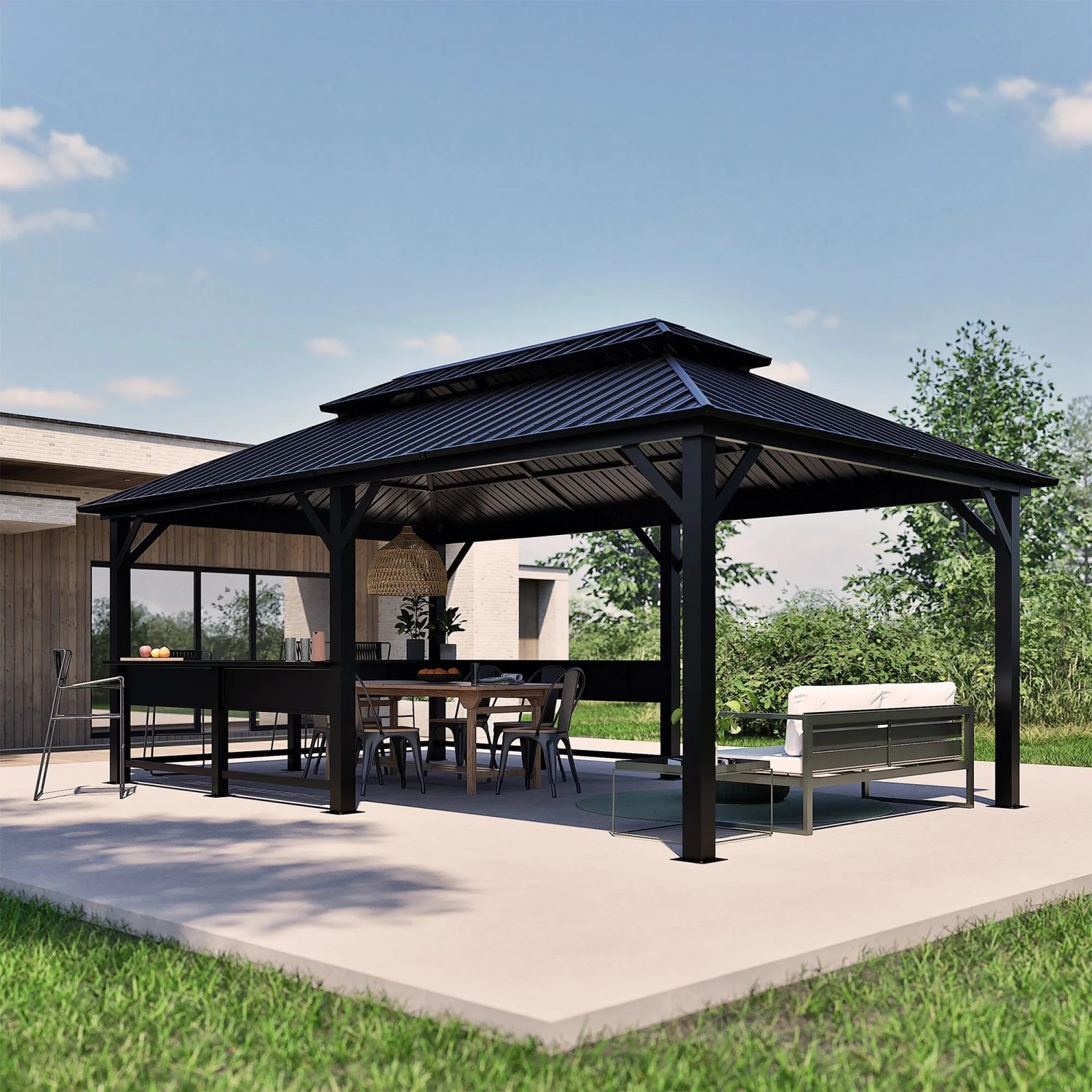 Schwarzer Sojag Pavillon Bondi 1220 mit Doppeldach, Theke und Sitzbereich im Garten.