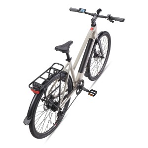 TELEFUNKEN E-Bike UH210, Urban Seidengrau, 28 Zoll mit Gepäckträger, Seitenansicht von schräg oben.