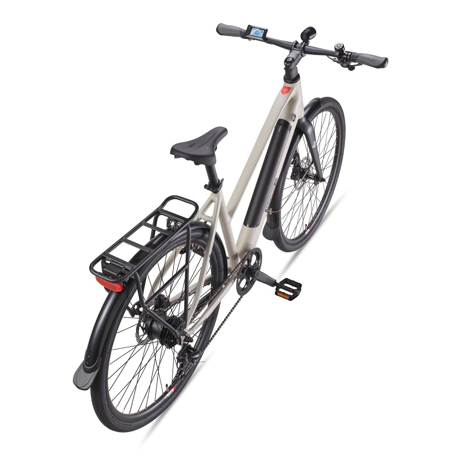 TELEFUNKEN E-Bike UH210, Urban Seidengrau, 28 Zoll mit Gepäckträger, Seitenansicht von schräg oben.
