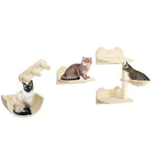 Beige PawHut Katzen Kletterwand mit Kratzbaum, Hängematte und Liegeschale, Katzen auf den Elementen.