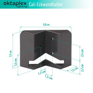 Oktaplex Eckwandhalter Anthrazit für Cali und Cali Dos Eckmontage mit Maßangaben.