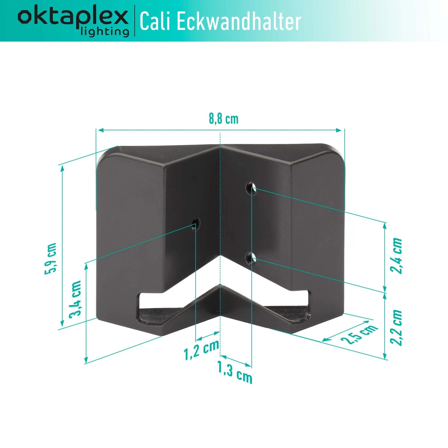 Oktaplex Eckwandhalter Anthrazit für Cali und Cali Dos Eckmontage mit Maßangaben.