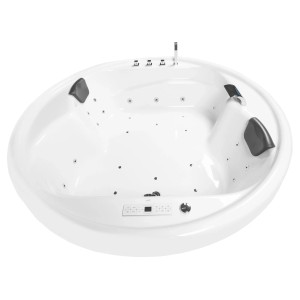 Runde, weiße Basera® Indoor Podest-Whirlpool Badewanne Gomera Premium (182x182 cm) mit Kopfstützen und Düsen.