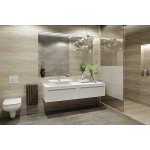 Badezimmer mit Bodenfliese Tizura Feinsteinzeug Creme in Holzoptik an Wand und Boden.