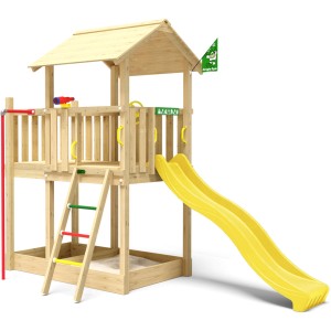 Jungle Gym Spielturm Marvel mit gelber Rutsche, Rutschstange und Sandkasten.
