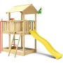 Jungle Gym Spielturm Marvel mit gelber Rutsche, Rutschstange und Sandkasten.