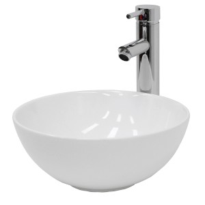 Rundes, weißes Keramik Waschbecken (320 mm) von ECD Germany mit Ablaufgarnitur und Armatur.