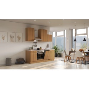 Flex-Well Classic Küchenzeile Nano 220 cm in Buche mit E-Geräten und Spüle.