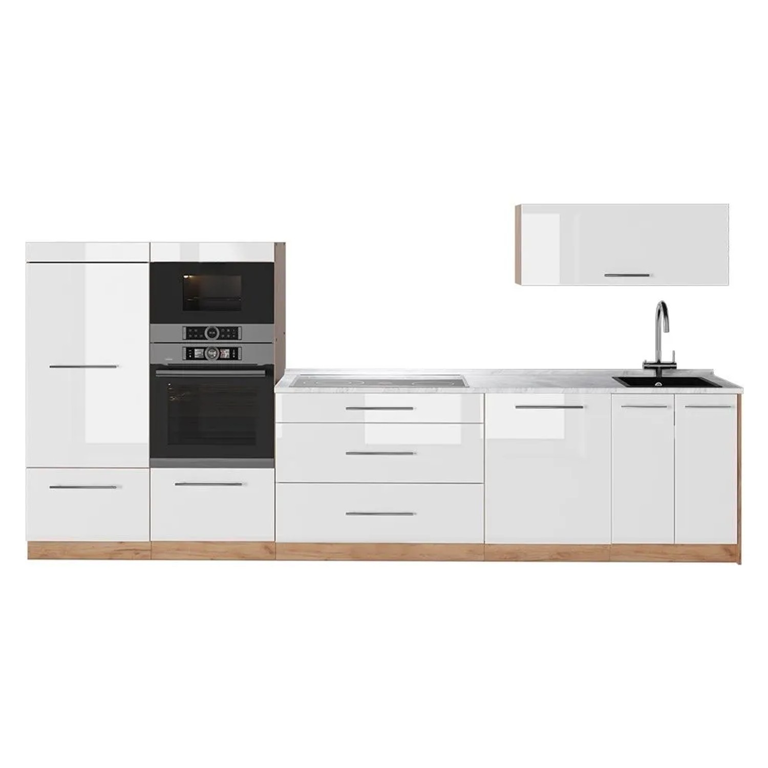 Vicco Küchenzeile Fame-Line Weiß Hochglanz/Goldkraft Eiche 340 x 154 AP Marmor Art Nr 64520