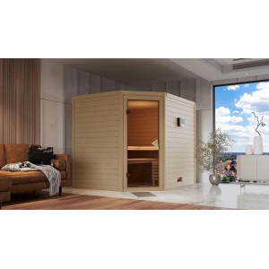 Karibu Sauna Tilda aus Fichte mit Ofen und Glastür, naturbelassen.