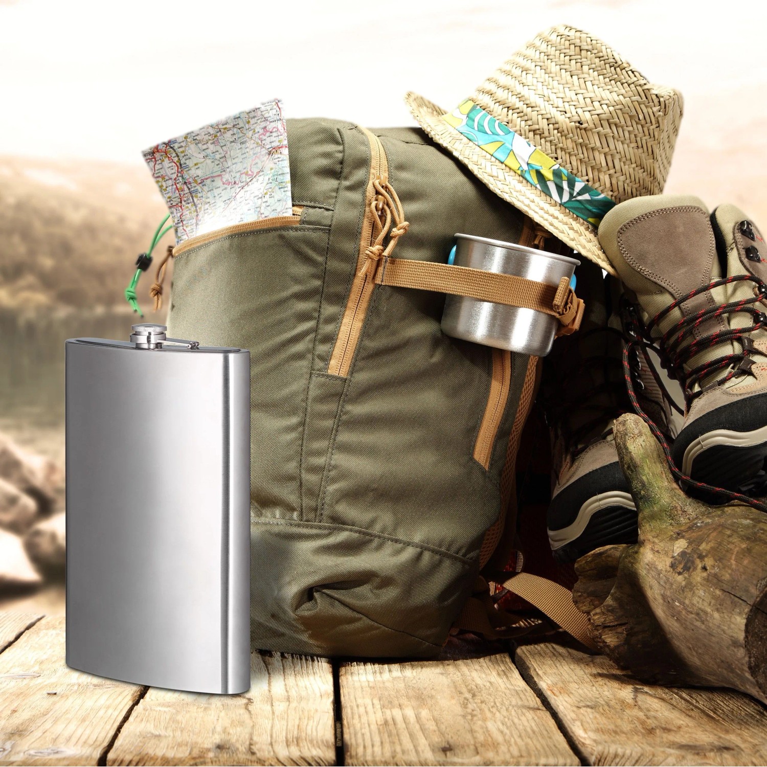 Großer silberner Edelstahl-Flachmann (1,8L) für Camping & Outdoor, neben Rucksack und Wanderschuhen auf Holz.