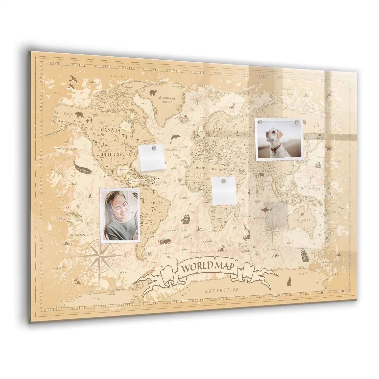 Tulup Beschreibbare Magnettafel Vintage Weltkarte 100x70 cm Beschreibbare Magnettafel Küche Schwarzer Marker Magnetische...