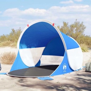 Azurblaues Pop Up Strandzelt mit offenem Eingang auf Sand. Ideal für Camping & Zubehör.