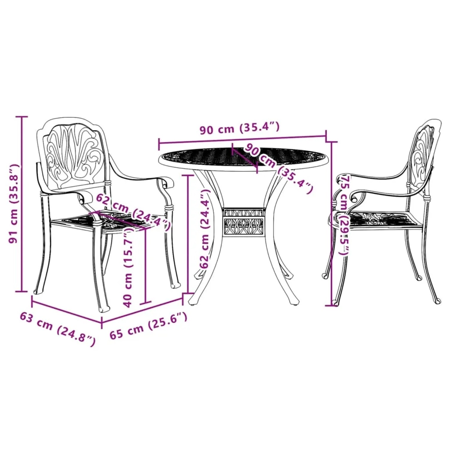Bronzefarbenes 3-tlg. Bistro-Set aus Aluminiumguss mit Tisch und zwei Stühlen mit Maßen.