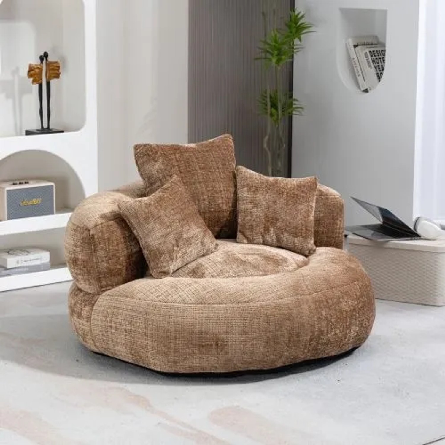 Brauner Chenille Sitzsack Stuhl mit 3 Kissen. Rundes Sofa für Erwachsene, ideal für Wohnzimmer, Gaming & Entspannung.