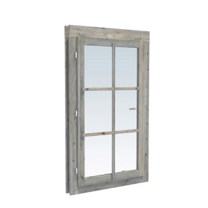 Graues Palmako Gartenhaus Fenster mit Holzrahmen, Doppelglas, 70x121 cm, für 44 mm Wandstärke.