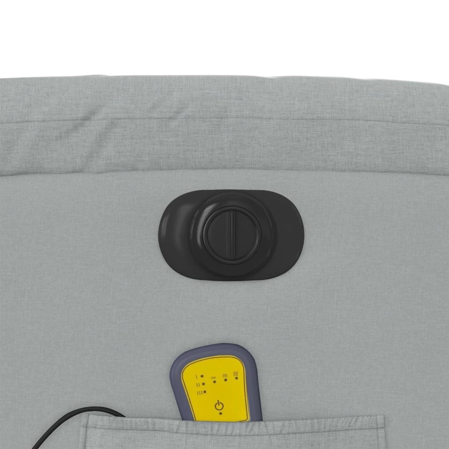 Detailansicht: Hellgrauer vidaXL Massagesessel mit Fernbedienung in Seitentasche.