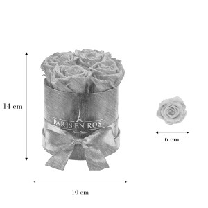 Rosenbox Schwarz mit roten Rosen und Schleife, Durchmesser 10 cm. Dekorativer Blumenstrauß.