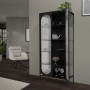 Schwarzer ML-Design Vitrinenschrank (80x175x40 cm) aus Stahl mit Glasböden, teilgefüllt.