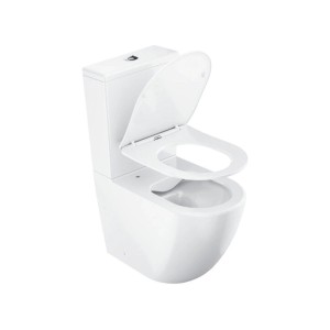 Weißes Ravak Stand-Kombi-WC Optima mit Spülkasten, offenem WC-Sitz mit Absenkautomatik. Spülrandloses Design.