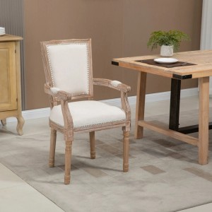 HOMCOM Esszimmerstuhl mit Armlehne, Massivholz, Landhausstil, beige Bezug mit Ziernägeln.
