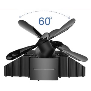 Schwarzer Valo Ofenventilator mit 60° Drehung und Temperaturanzeige.