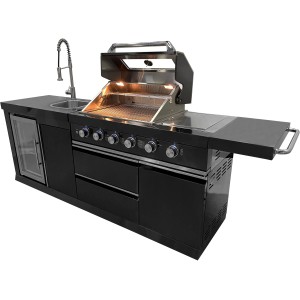 Buschbeck Outdoorküche Cambridge mit Gasgrill, Spüle und Getränkekühlschrank in Schwarz.