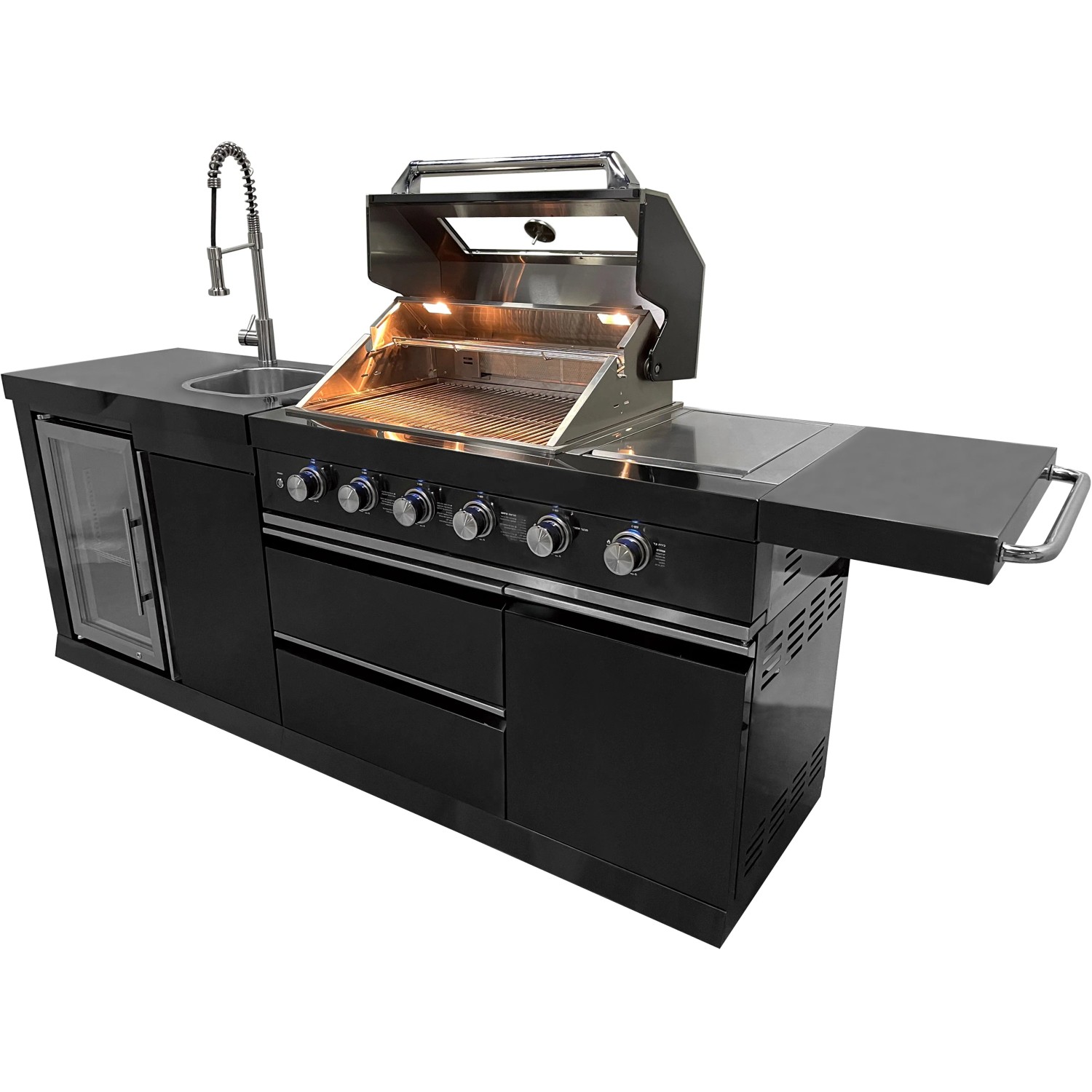Buschbeck Outdoorküche Cambridge mit Gasgrill, Spüle und Getränkekühlschrank in Schwarz.