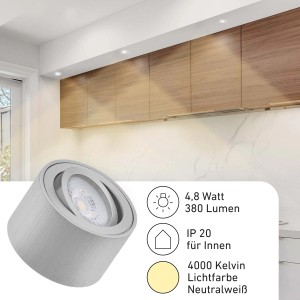 9er Set Oktaplex Aufbauspot Lile S, schwenkbar, Aluminium gebürstet, neutralweißes LED Licht.