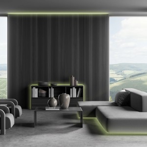 Wohnzimmer mit indirekter Beleuchtung durch Brilo RGB-LED Flexband unter Regal und Decke.