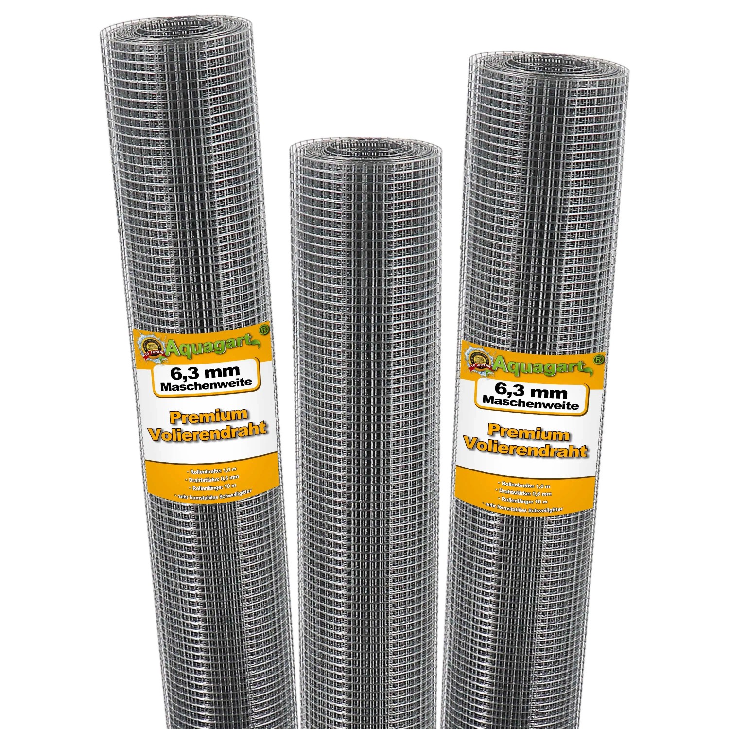 Drei Rollen Aquagart Volierendraht 6,3mm Maschenweite, verzinkt, für Zaunbau und als Wühlmausgitter.