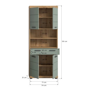 Bad-Hochschrank in Salbei (74x191x31cm) mit Eiche-Optik. Viel Stauraum für Bad oder Hauswirtschaftsraum.