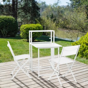 Weißes, klappbares Svita Balkon-Set mit Tisch und zwei Stühlen für kleine Balkone.