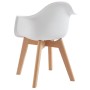 Eleganter weißer Stuhl mit geformter Sitzschale und hellen Holzbeinen im skandinavischen Stil, ideal für Essgruppen.