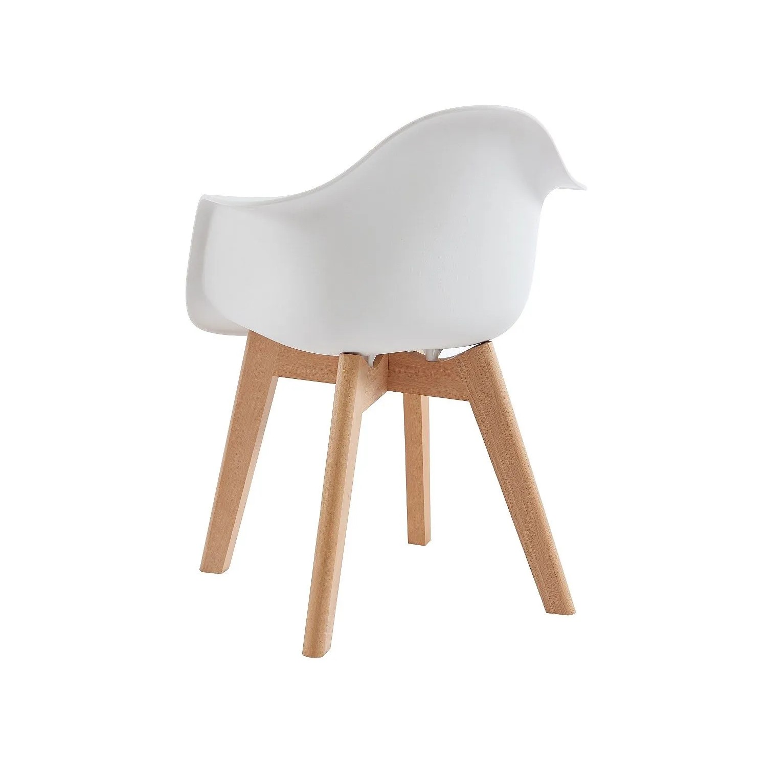 Eleganter weißer Stuhl mit geformter Sitzschale und hellen Holzbeinen im skandinavischen Stil, ideal für Essgruppen.