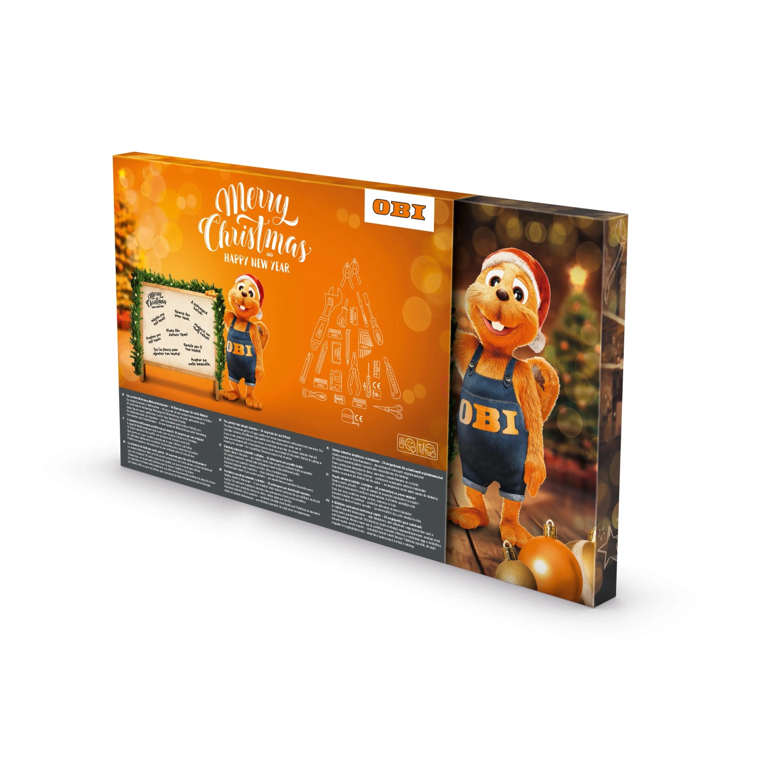 OBI Werkzeug-Adventskalender: Karton mit Werkzeug-Set für Heimwerker, festliches Design.