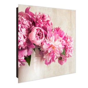 Schwarzer Schlüsselkasten mit Glasfront, Pfingstrosen-Motiv, 50 Haken, magnetisch & beschreibbar.