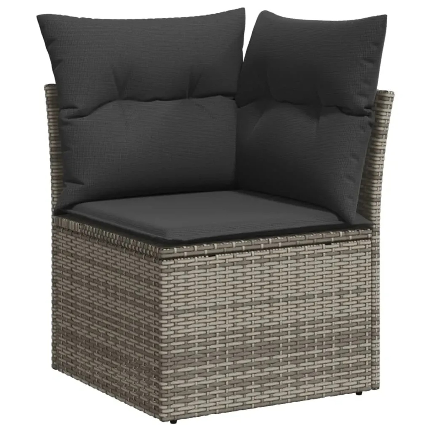 Graues vidaXL Garten Ecksofa aus Rattan mit dunklen Kissen. Teil einer modularen Garten-Sofagarnitur.