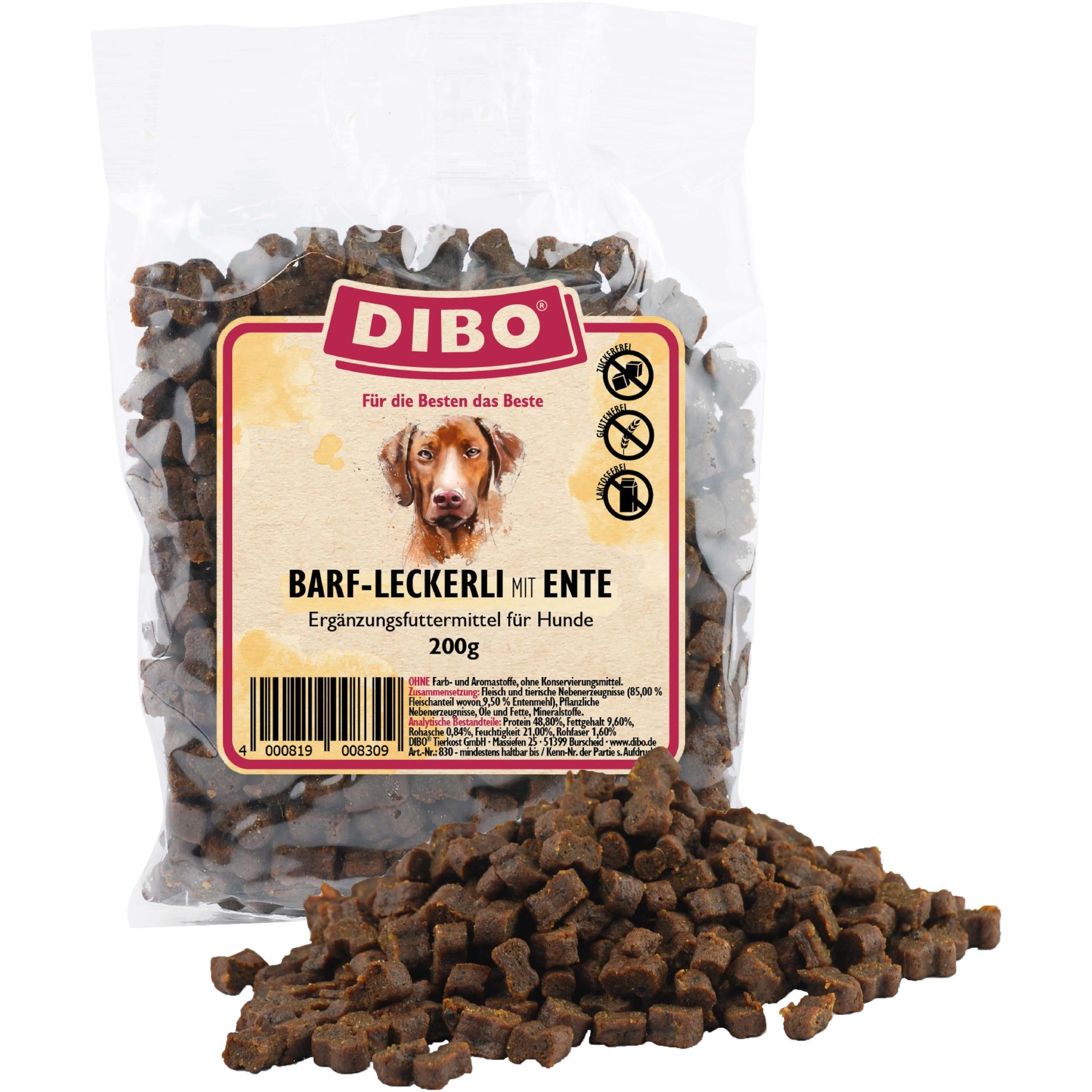 Dibo Hunde-Belohnungssnacks Barf Ente, 200g Packung. Leckerli für Hunde mit Entenfleisch.
