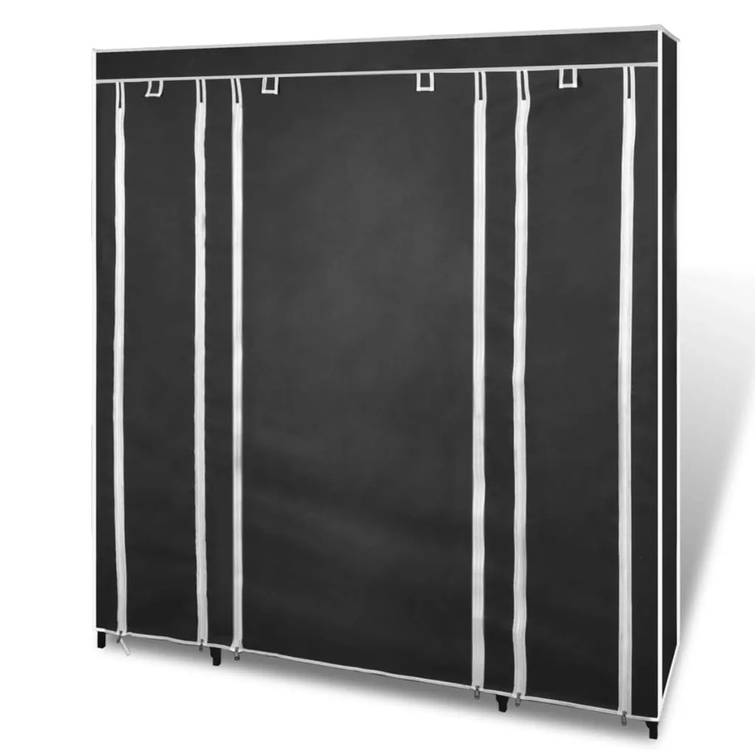 Schwarzer vidaXL Stoffschrank (45x150x176 cm) mit Fächern und Kleiderstangen.
