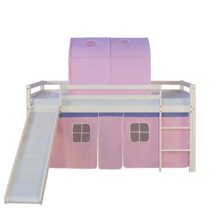Weißes Kinderhochbett 90x200 mit rosa Vorhang, Rutsche, Leiter und Spieltunnel aus Kiefernholz.
