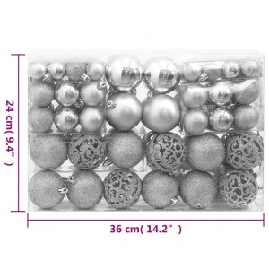 vidaXL Weihnachtskugel-Set, 111-teilig, silber. Christbaumkugeln in verschiedenen Größen und Designs.