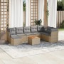 Beige 9-tlg. Garten-Sofagarnitur aus Poly Rattan mit hellgrauen Kissen und Tisch.