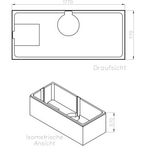 Technische Zeichnung Ottofond Wannenträger Madera mit Maßen und Draufsicht.