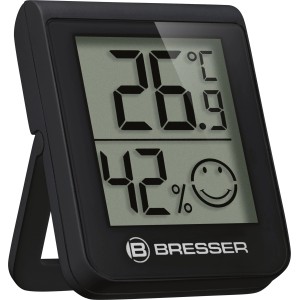 Schwarzes BRESSER HumiTemp Thermo-Hygrometer mit Temperatur- und Luftfeuchtigkeitsanzeige.