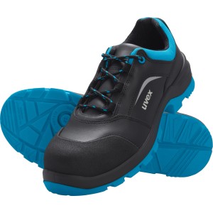 Uvex 2 xenova S3 Halbschuh in Schwarz-Blau, Größe 42. Sicherheitsschuh für Werkstattarbeiten.