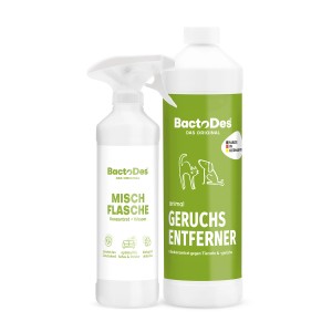 BactoDes Animal Geruchsentferner Set: 1L Konzentratflasche und Mischflasche mit Sprühkopf.